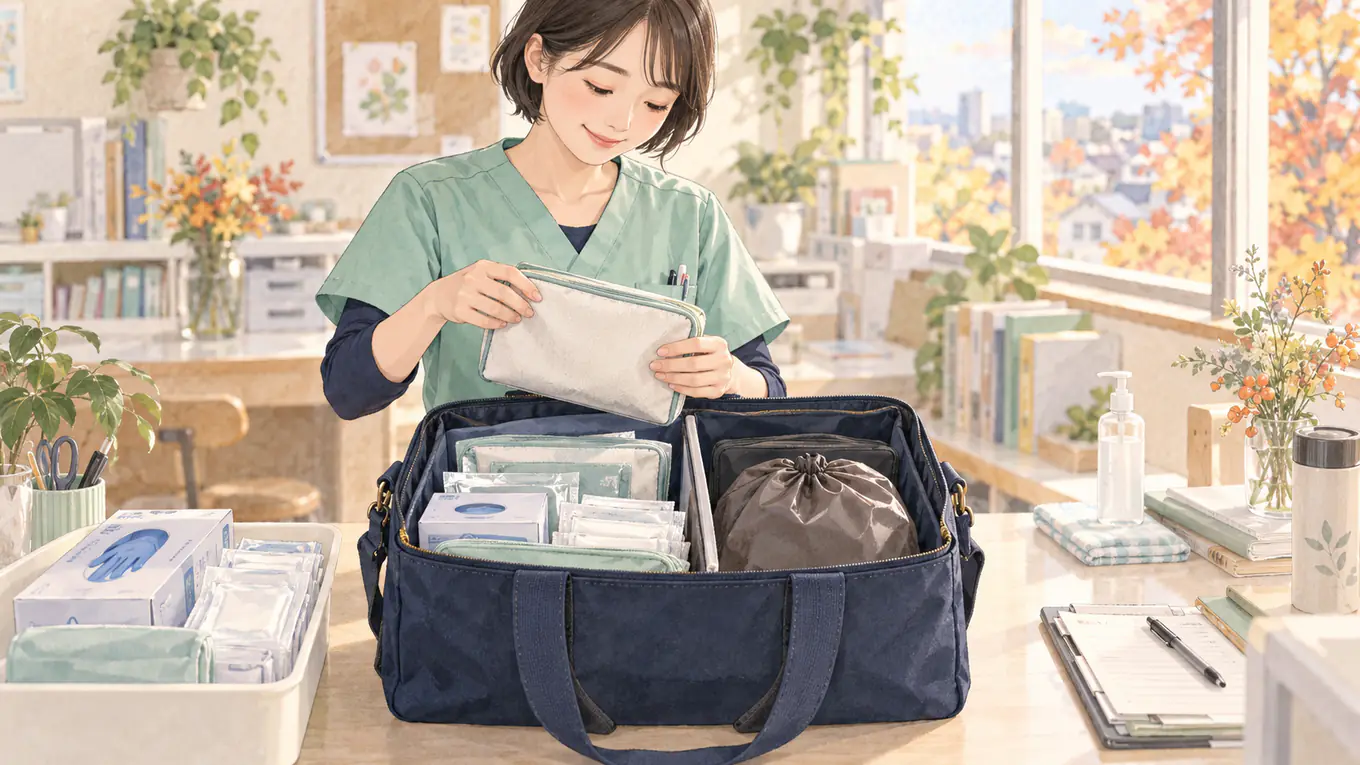 訪問看護師が清潔な物品のポーチと持ち帰り用の袋を分けて訪問バッグを整えるイラスト