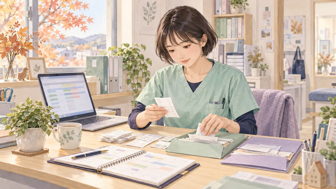 秋のステーションで、訪問看護師が領収書と勤務の予定表を照らし合わせて整理するイラスト