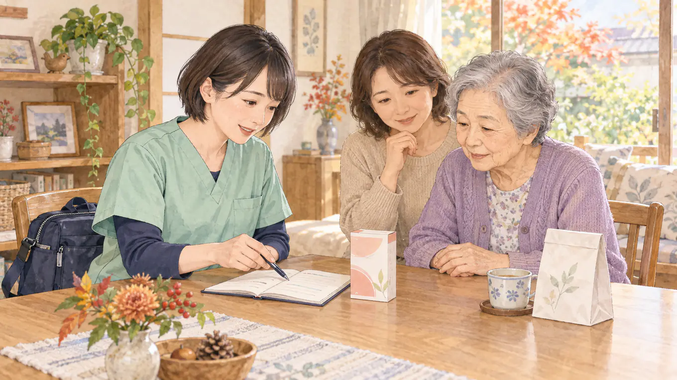 訪問看護師が高齢の利用者と娘に話を聞きながら、市販薬の箱とお薬手帳を一緒に確認するイラスト