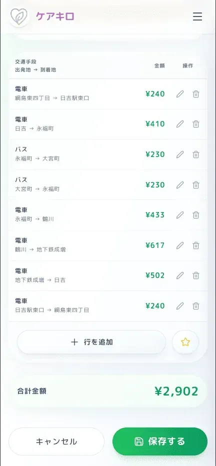 経費記録の入力画面。交通費の詳細を入力